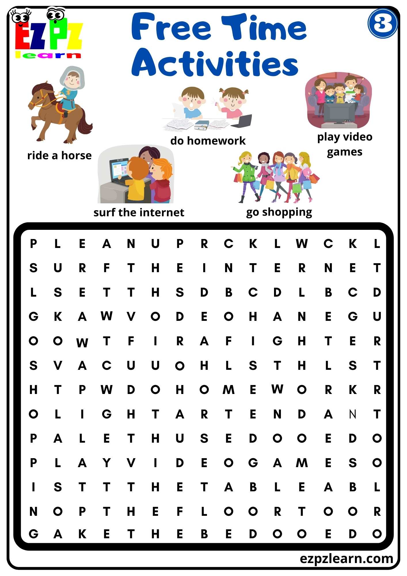 Word Search Worksheet for ESL and K5 Students PDF Download Free Time Activities Topic G3